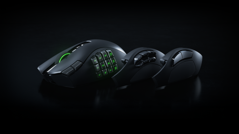 Razer Naga V3 Proの製品画像。用途に合わせて交換可能な3種類のサイドプレートが並んでいる。