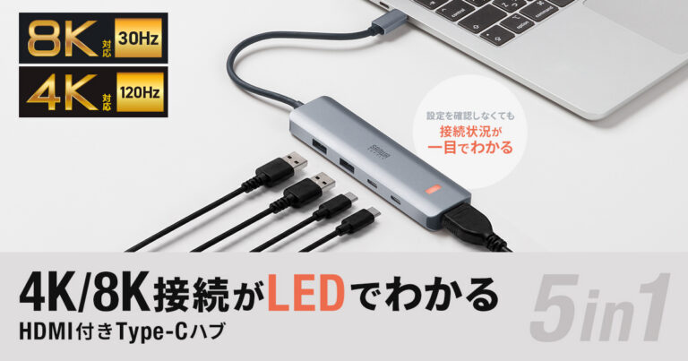 サンワサプライから発売された、LEDで解像度を確認できる8K対応のUSB Type-Cハブの製品画像。