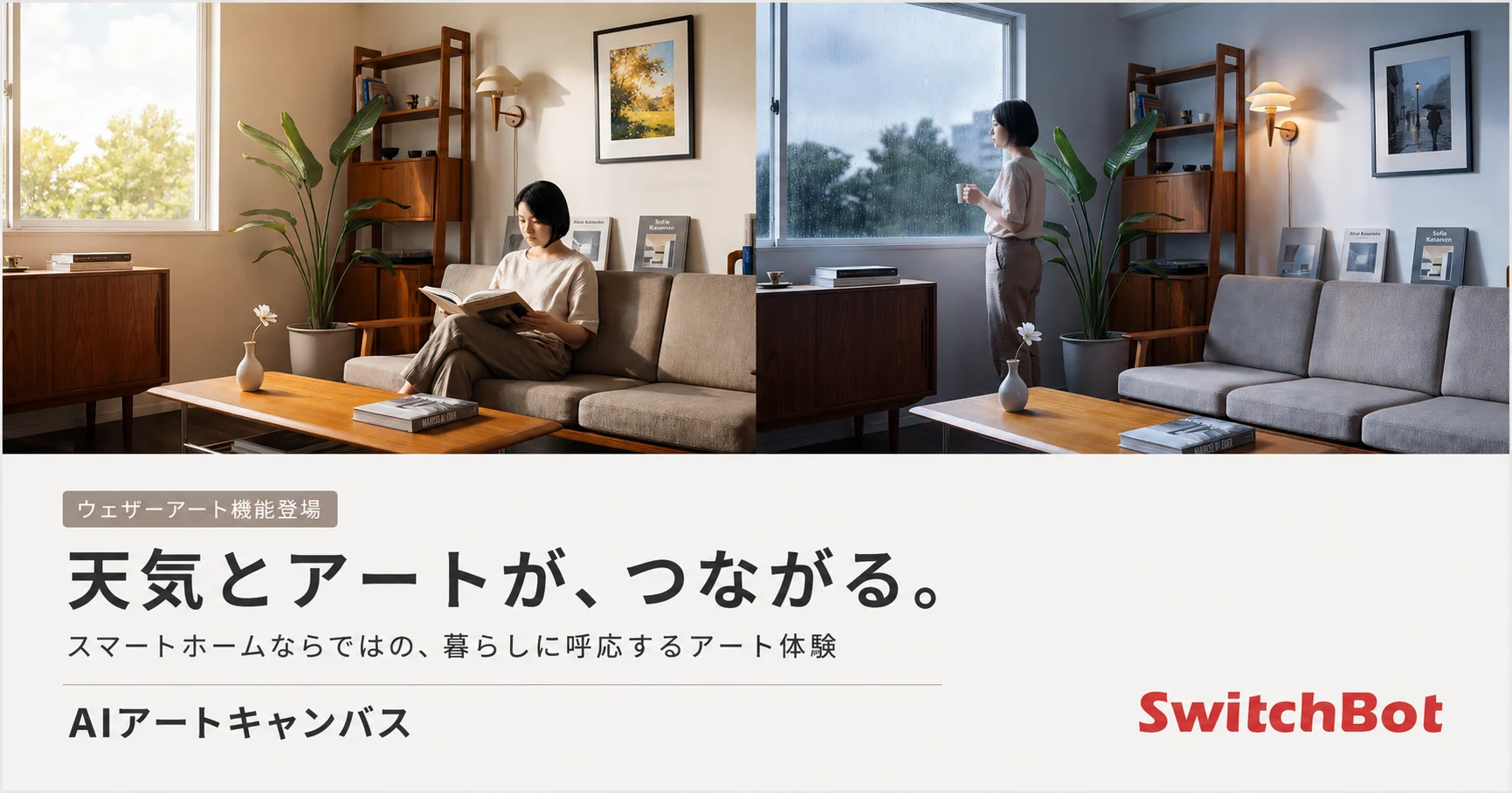 SwitchBot AIアートキャンバスの製品本体と、天気に連動して生成されたアート作品が表示されている様子。