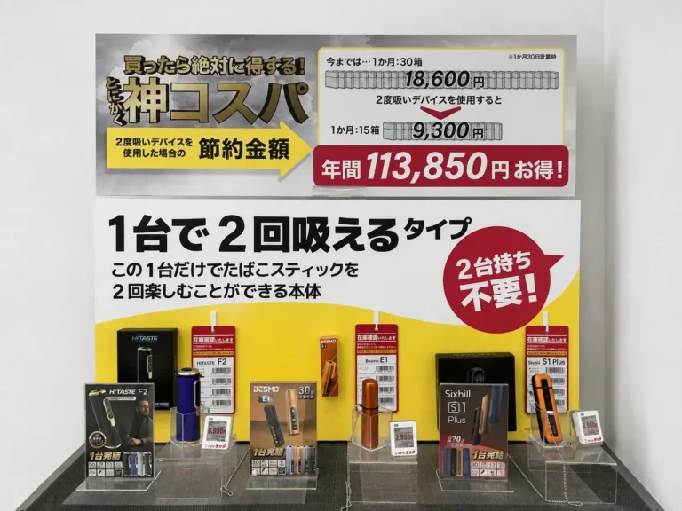 ビックカメラ ラゾーナ川崎店に設置された、2度吸い対応の加熱式たばこデバイスの展示コーナー。