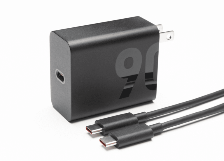 FCNTの90W対応充電器「ACアダプタ a02」の製品外観と、同梱されるUSB Type-Cケーブルの画像。