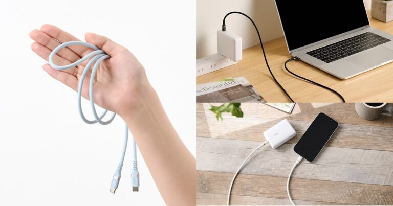 ブラック、ホワイト、パウダーブルー、ソフトラベンダーの4色展開のシリコン製USB Type-Cケーブルの製品画像。