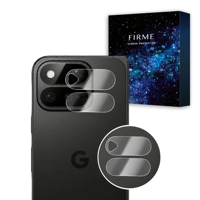 Google Pixel 11 Pro Fold用のカメラレンズ保護フィルムの製品パッケージと、透明な強化ガラスフィルムのセット。