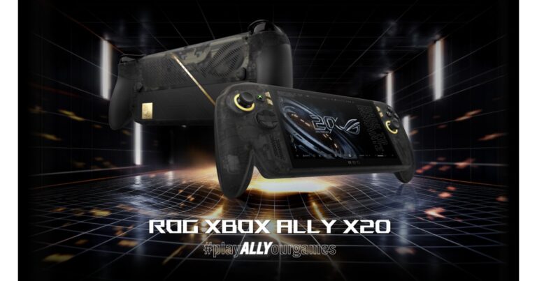 ASUSが発表した、有機ELディスプレイを搭載したポータブルゲーム機「ROG XBOX Ally X20」の製品画像。
