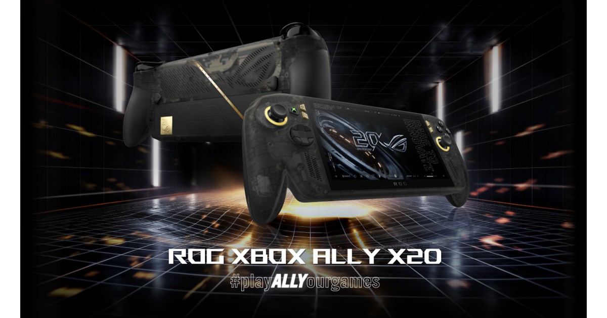 ASUSが発表した、有機ELディスプレイを搭載したポータブルゲーム機「ROG XBOX Ally X20」の製品画像。