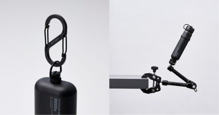 エレコムのNESTOUTシリーズ用アクセサリーである、カラビナストラップとクランプアームの製品画像。