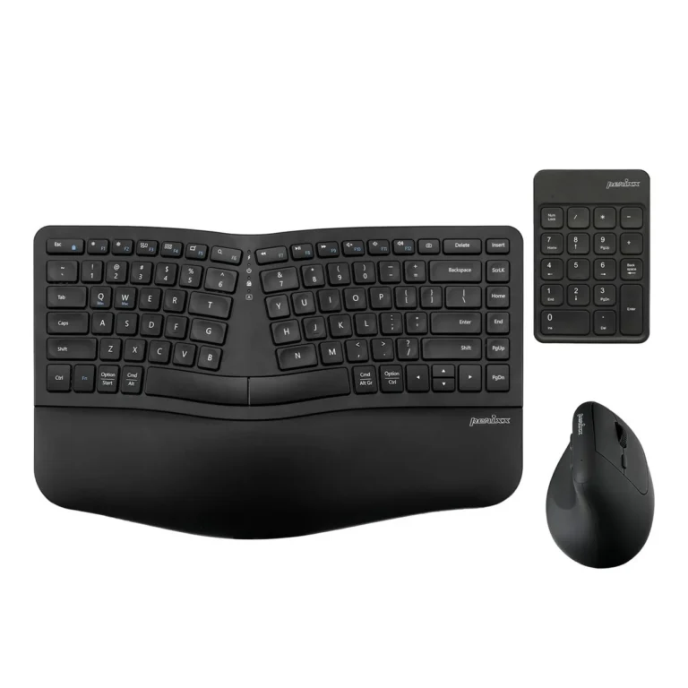 左右に分かれたキーボード、縦型マウス、独立したテンキーが並ぶ、Perixxのエルゴノミクス3点セットの製品画像。