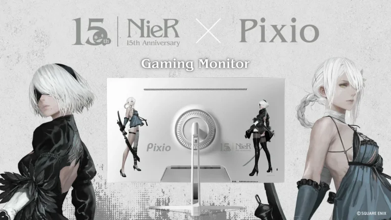 NieRシリーズ15周年を記念した、描き下ろしイラストが施されたPixio製ホワイト筐体のゲーミングモニター。
