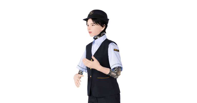 駅の案内業務を行うために、石黒浩氏がデザインした生成AI搭載のヒューマノイドロボットが設置されている様子。