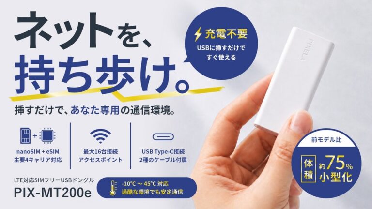 USBポートに挿入して使用する、小型でバッテリーレス設計のLTEドングル「PIX-MT200e」の製品画像。