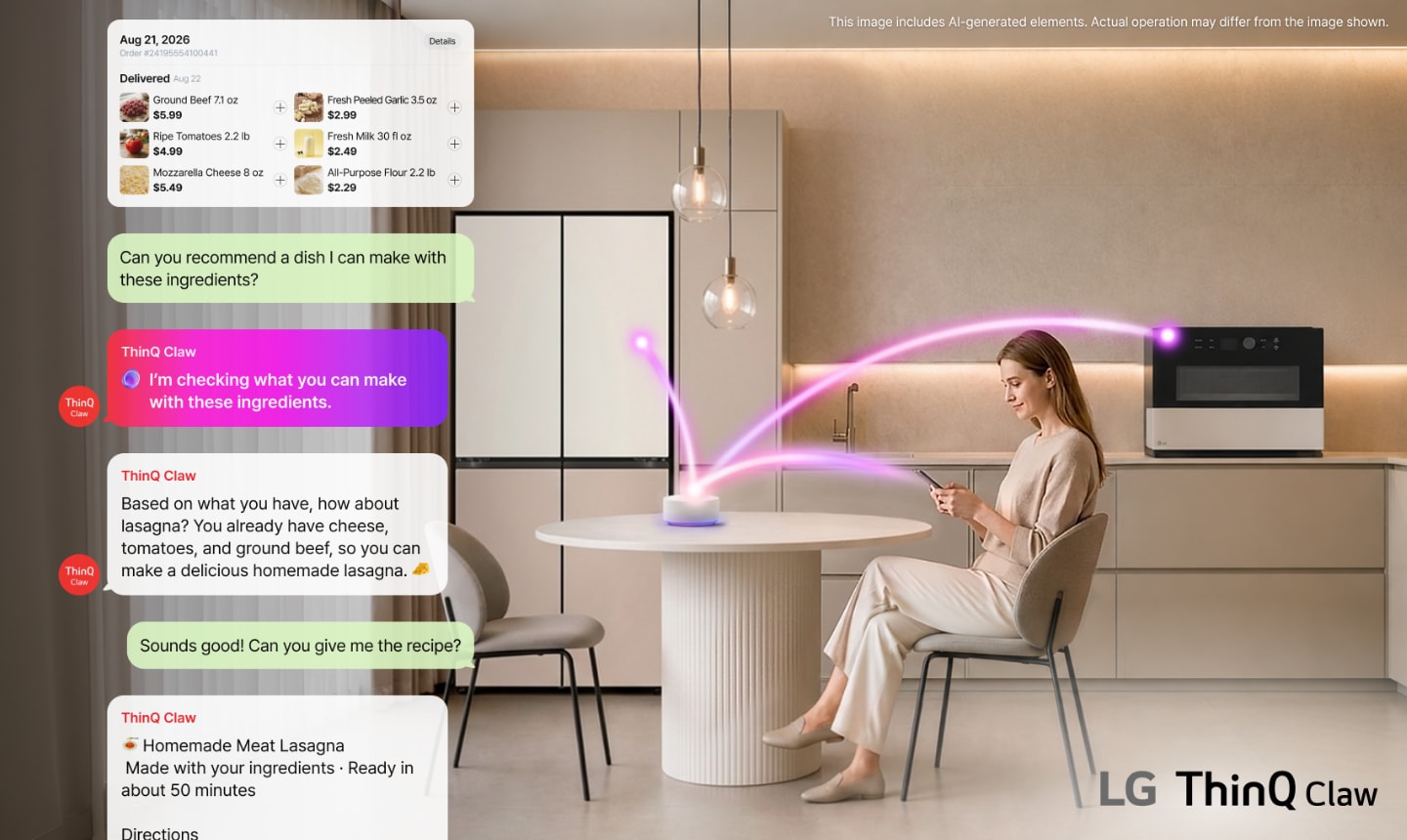 A woman sits in a modern kitchen using her smartphone as the ThinQ Claw chat interface reviews her recent grocery purcha