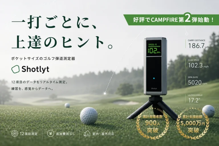ゴルフ弾道測定器「Shotlyt」の製品本体と、専用アプリで弾道が3D可視化されたスマートフォンの画面イメージ。