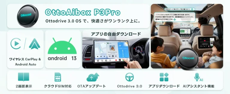 OttocastのAI Box 3モデル（P3 Pro、E2、Play2Video Ultra）のスペックや特徴を比較した表。